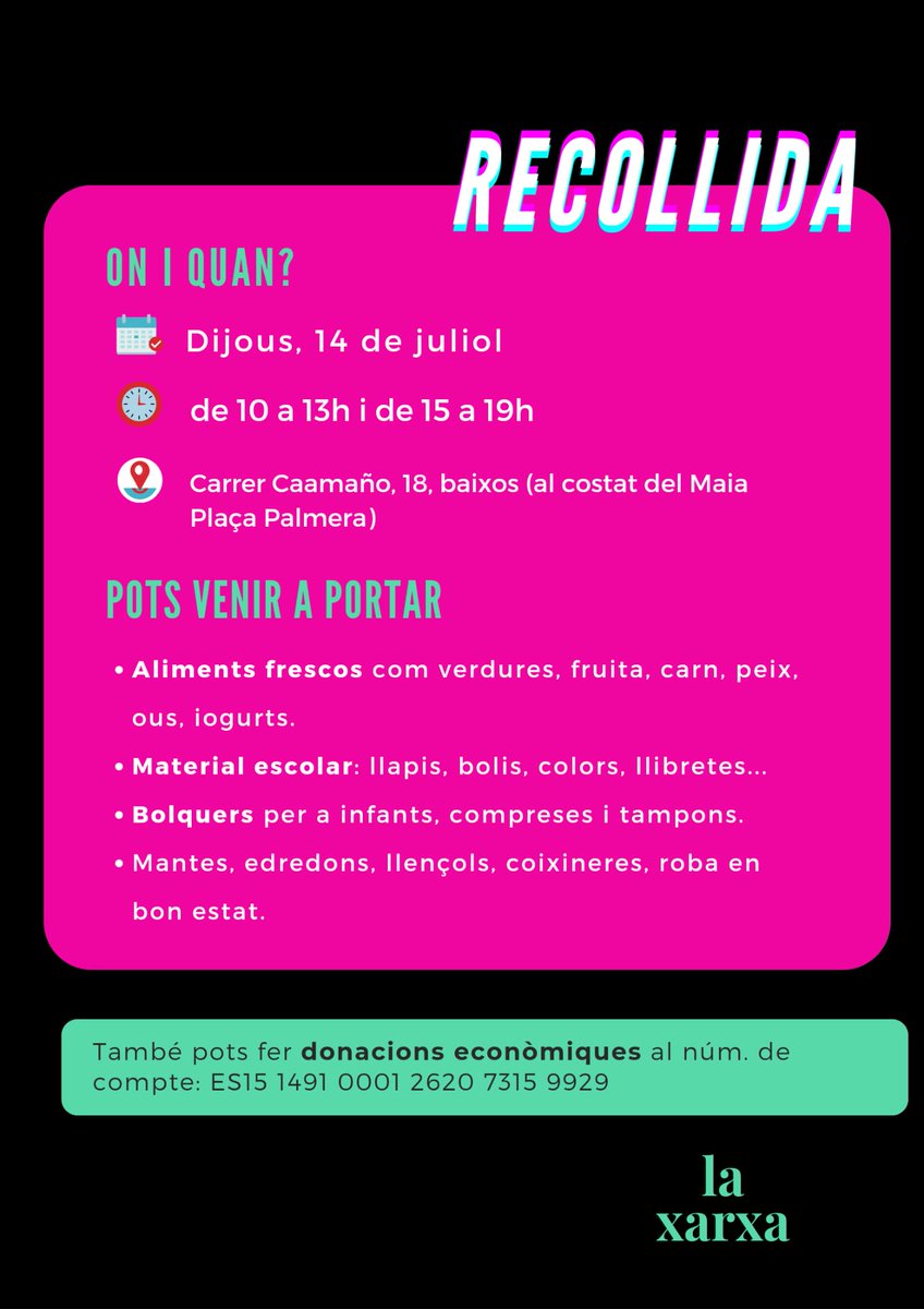 Aquest proper dijous tenim una nova recollida a La Xarxa. Pots venir a portar aliments, material escolar, roba, roba de casa, bolquers, compreses i tampons.
Activem la solidaritat i el suport mutu veïnal!
#suportlocal #ramblafigueres #roses #llançà #emporiabrava #portbou #girona