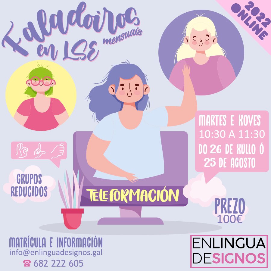 Novos “Faladoiros en LSE” para persoas que queirades poñer en práctica os vosos coñecementos de Lingua de Signos. Grupos moi reducidos. O 26 de xullo comezamos. Apúntate xa! 

#linguadesignos #practica #LSE #faladoiros #conversa #enlinguadesignos #formación #telepresencial