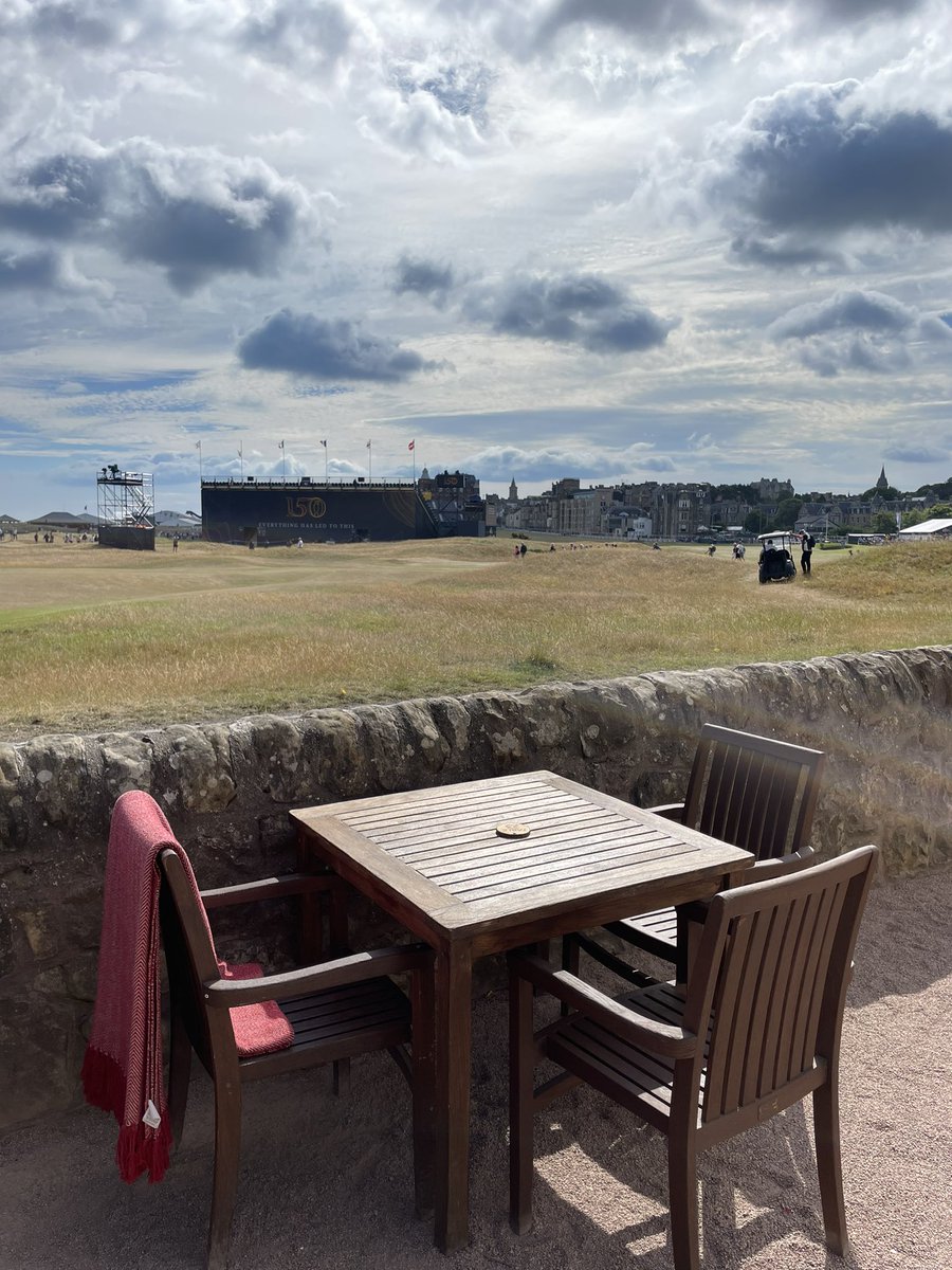 OldCourseHotel's tweet photo. The best seat in the house … tables at our #JiggerInn that opens today at noon for those within the pay gates at @TheOpen … come and enjoy this practice day. #StAndrews #oldcourse #homeofgolf #TheOpen https://t.co/I9W5uhICty