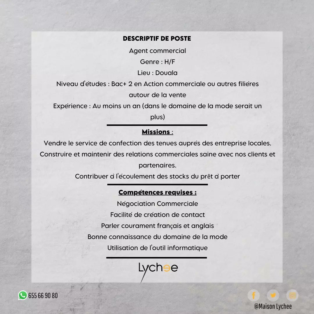 maisonlychee's tweet photo. AVIS DE RECRUTEMENT ❗

Nous recherchons dans la ville de Douala, un Agent Commercial pour vendre nos services de confection auprès des entreprises locales et participer à la commercialisation de notre prêt-à-porter.

Postuler au 655669080 (Whatsapp)

Date limite : 26 Juillet https://t.co/mus8cfpelG