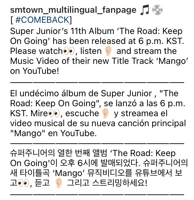 SmtownFanpage's tweet photo. 🎵💿 [ #COMEBACK] 
#SuperJunior’s 11th Album ‘#TheRoad_KeepOnGoing’ has been released at 6 p.m. KST. Please watch👀, listen👂🏻 and stream the Music Video of their new Title Track ‘#Mango’ on YouTube! https://t.co/peADETvb51 
[🇬🇧🇪🇸🇰🇷🇯🇵🇨🇳🇮🇩🇩🇪] ⬇️ Instagram: https://t.co/9cK9KuR5Uh https://t.co/wsRULqaPKk