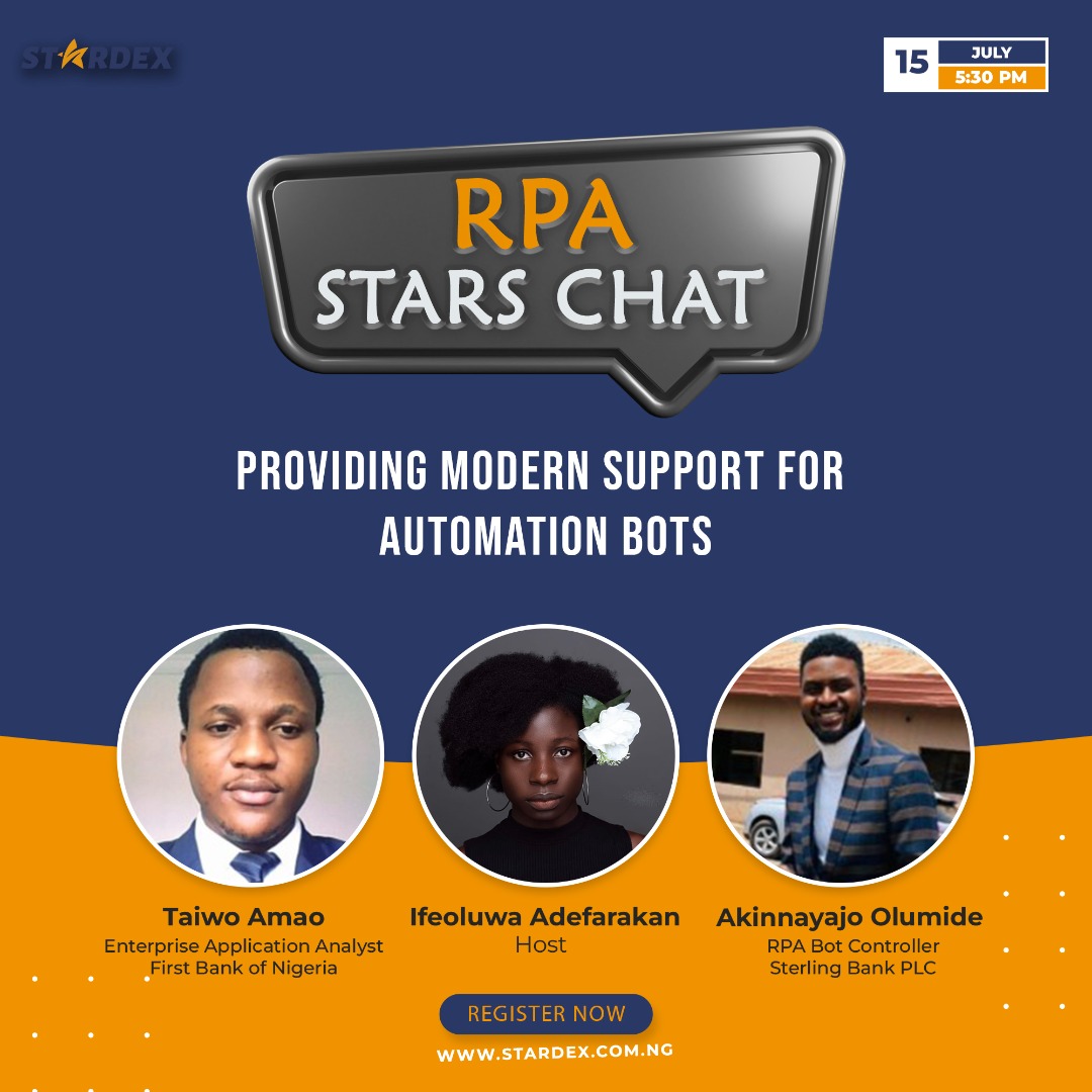 Stardex_tech's tweet photo. Who is excited about the next edition of RPA Stars Chat?
Join us this Friday as we have a conversation around Providing modern support for automation bots. 
Link: https://t.co/ltzNeUpLbK

#rpastarschat #rpacareer #rpastarschallenge #stardex https://t.co/zupgTFrLKW