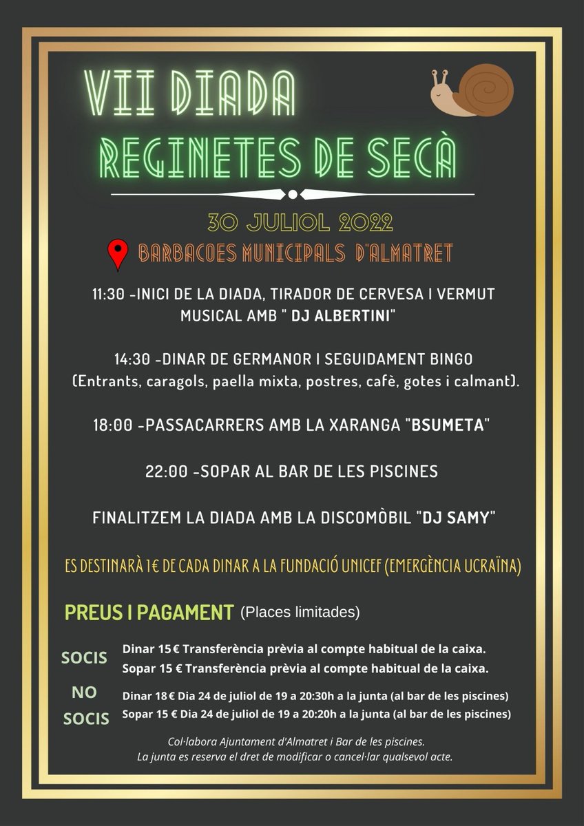 La colla <a href="/Reginetesdeseca/">Reginetes de secà</a> d'#Almatret organitza la VII Diada Regineta el pròxim 30 de juliol a les barbacoes municipals del poble! 

A més, la jornada tindrà una vessant solidària i destinarà una aportació a la #FundacióUnicef per l'ajuda a #Ucraïna. 

#PoblesVius #CimDelSegrià