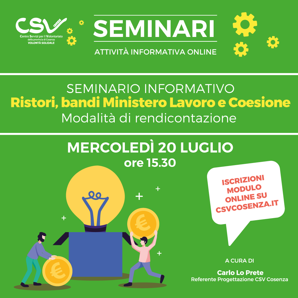 csvcosenza's tweet photo. Mercoledì 20 luglio webinar del CSV sui #ristori #COVID19. 
Il seminario è rivolto agli ETS della provincia ammessi ai contributi del Ministero del Lavoro e delle Politiche sociali e dell’Agenzia per la coesione territoriale.
Iscrizioni qui 👉 https://t.co/vMeOMX4R0F https://t.co/7yGMOGKLK5