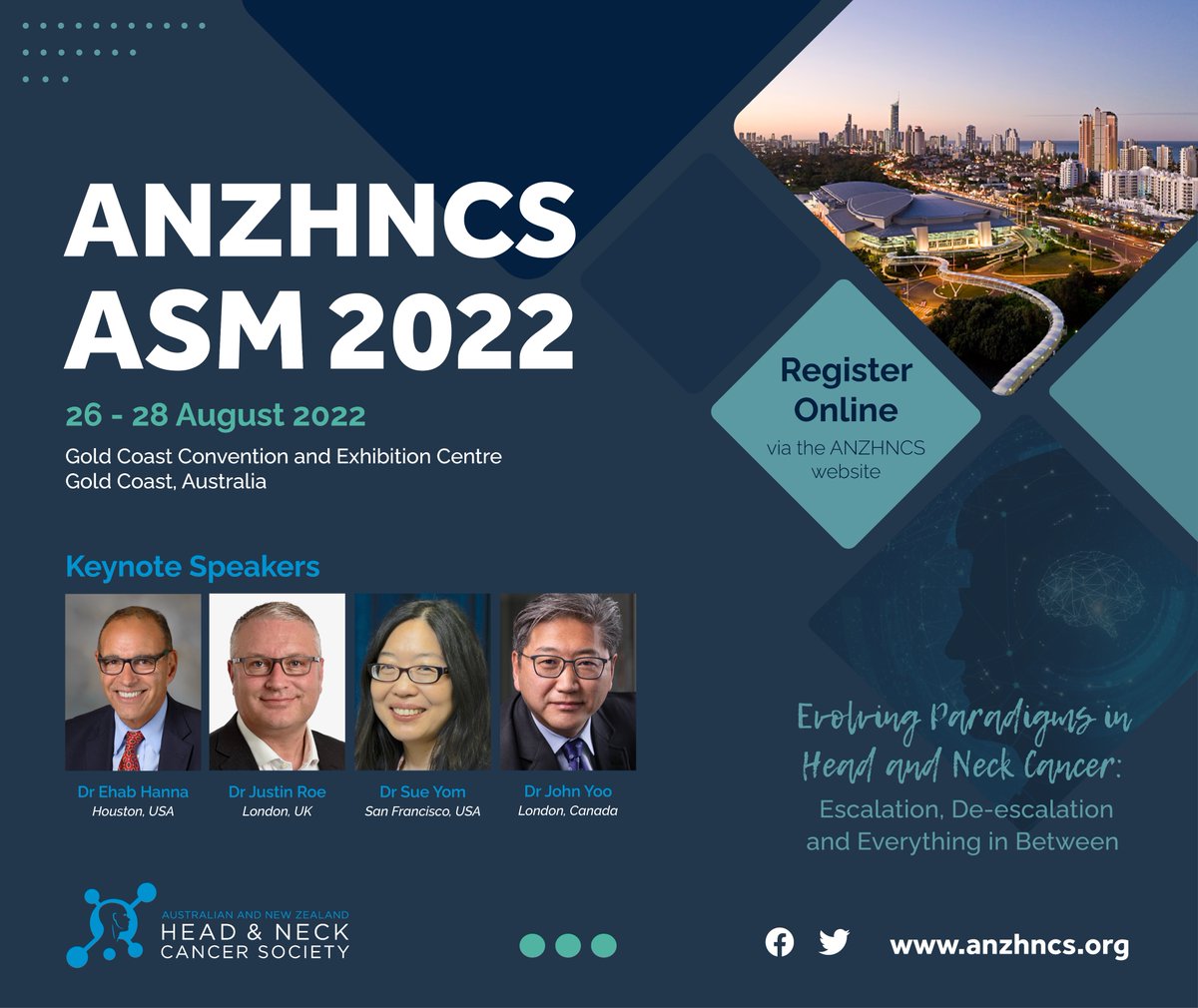 anzhncs's tweet photo. The ANZHNCS ASM 2022 is quickly approaching and is to be held from 26 – 28 August 2022 at the Gold Coast Convention and Exhibition Centre, Australia. The theme of themeeting is “Evolving Paradigms in Head and Neck Cancer: Escalation, De-escalation and Everything in Between” https://t.co/9DZbrCCgS8