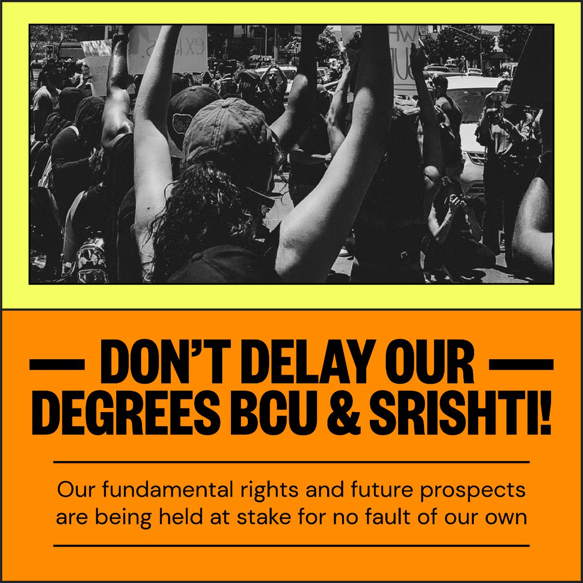 DON’T DELAY
OUR DEGREES
BCU &amp; SRISHTI
____________
Our Future!?! Our Fundamental Right!?!

<a href="/SrishtiArtDes/">Srishti Manipal Institute of Art, Design & Tech</a> 
<a href="/BangaloreCentr1/">Bengaluru Central University</a> 
<a href="/BCUCCB/">Bengaluru Central University</a> 
<a href="/narendramodi/">Narendra Modi</a> 
<a href="/PMOIndia/">PMO India</a> 
<a href="/ITBTGoK/">ITBT Karnataka</a> 
<a href="/mygovindia/">MyGovIndia</a> 
<a href="/EduMinOfIndia/">Ministry of Education</a>