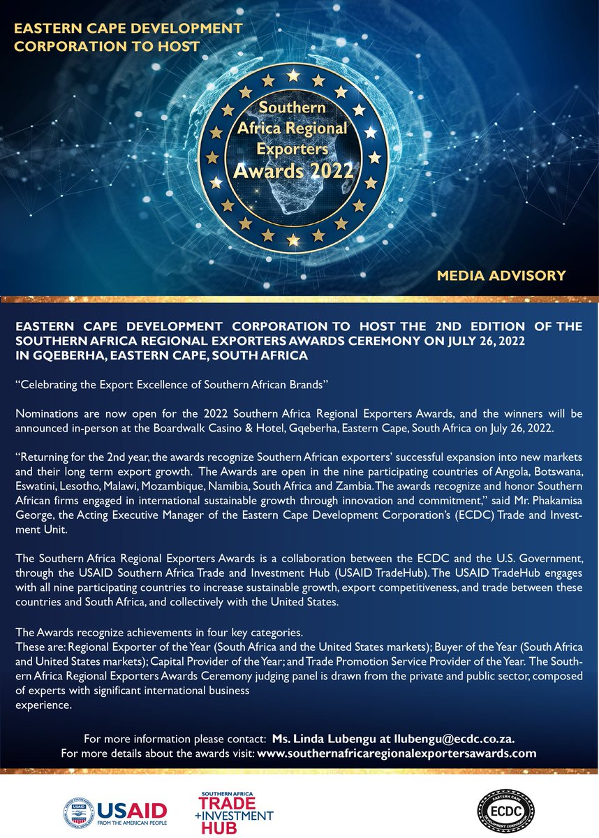 ECDC Media Advisory. The Eastern Cape Development Corporation will be hosting the 2nd edition of the Southern African Regional Exporters Awards on the 26th July 2022..see below for more details.