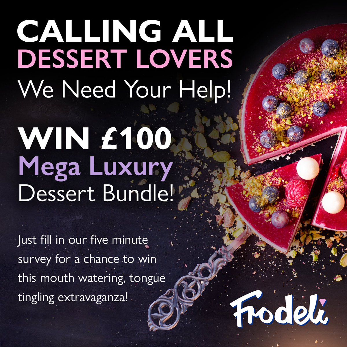 FrodeliFoods's tweet photo. Anyone with a #sweettooth? You could win £100 #luxury dessert bundle simply by answering our 5 minute survey - https://t.co/R514OrDmwg 
We need to make Frodeli extra amazing ✨Tell us what #desserts you want in our range so we can pack it with your faves! 🍰

Shares appreciated🙏 https://t.co/2eo141wE2c