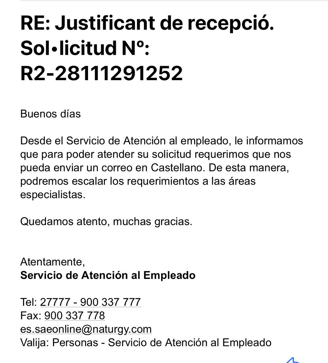 ArK3Ra's tweet photo. ⁦@Naturgy. ⁩ bon dia. Aquesta es la resposta a una reclamació de fa mes de 2 messos. Aquest es el tracte a un empleat després de mes de 45 anys?
Ara no sabeu parlar la meva llengua? https://t.co/F3E51ou3Lk
