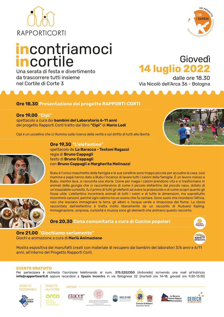 INCONTRIAMOCI IN CORTILE
Una serata di festa e divertimento 🥳 da trascorrere tutti insieme nel Cortile di Corte 3 
👉 Giovedì #14luglio 2022 ore 18,30 #Bologna

#spettacolo #Giochi e #animazione 
#Eventogratuito

#rapporticorti è un progetto selezionato da <a href="/ConiBambini/">Con i bambini</a>