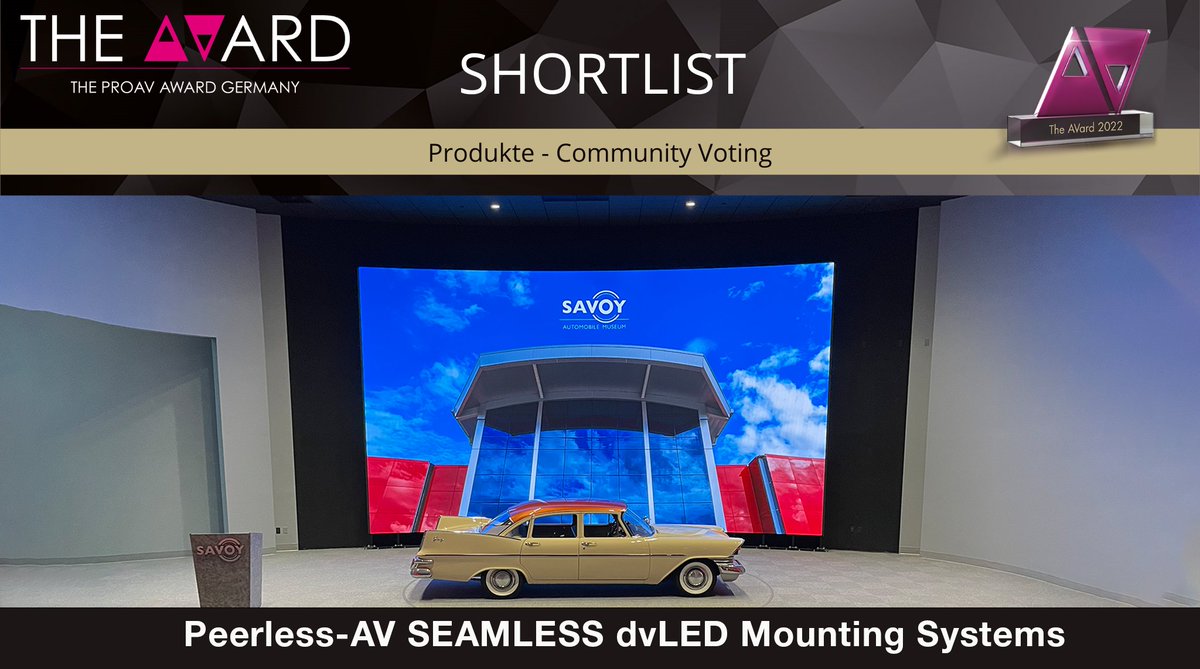 PeerlessAVEU's tweet photo. We are excited to announce that our dvLED Mounting Solutions have been shortlisted for an #AVARD 2022 – The Pro AV Award Germany. ➡️ https://t.co/KeGb9jFox8 Voting is now open - and every vote counts! We thank you in advance for your continued support. #avtweeps #awards #AVard https://t.co/g6XVNapEwd