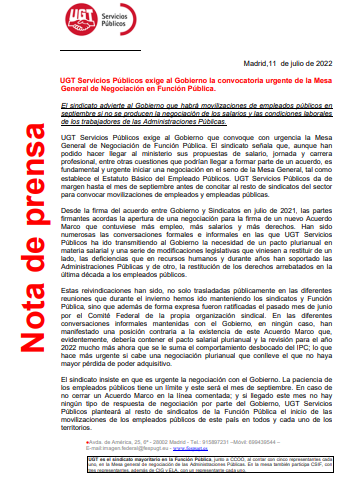 #UGT Servicios Públicos exige al Gobierno la convocatoria urgente de la Mesa
General de Negociación en Función Pública
