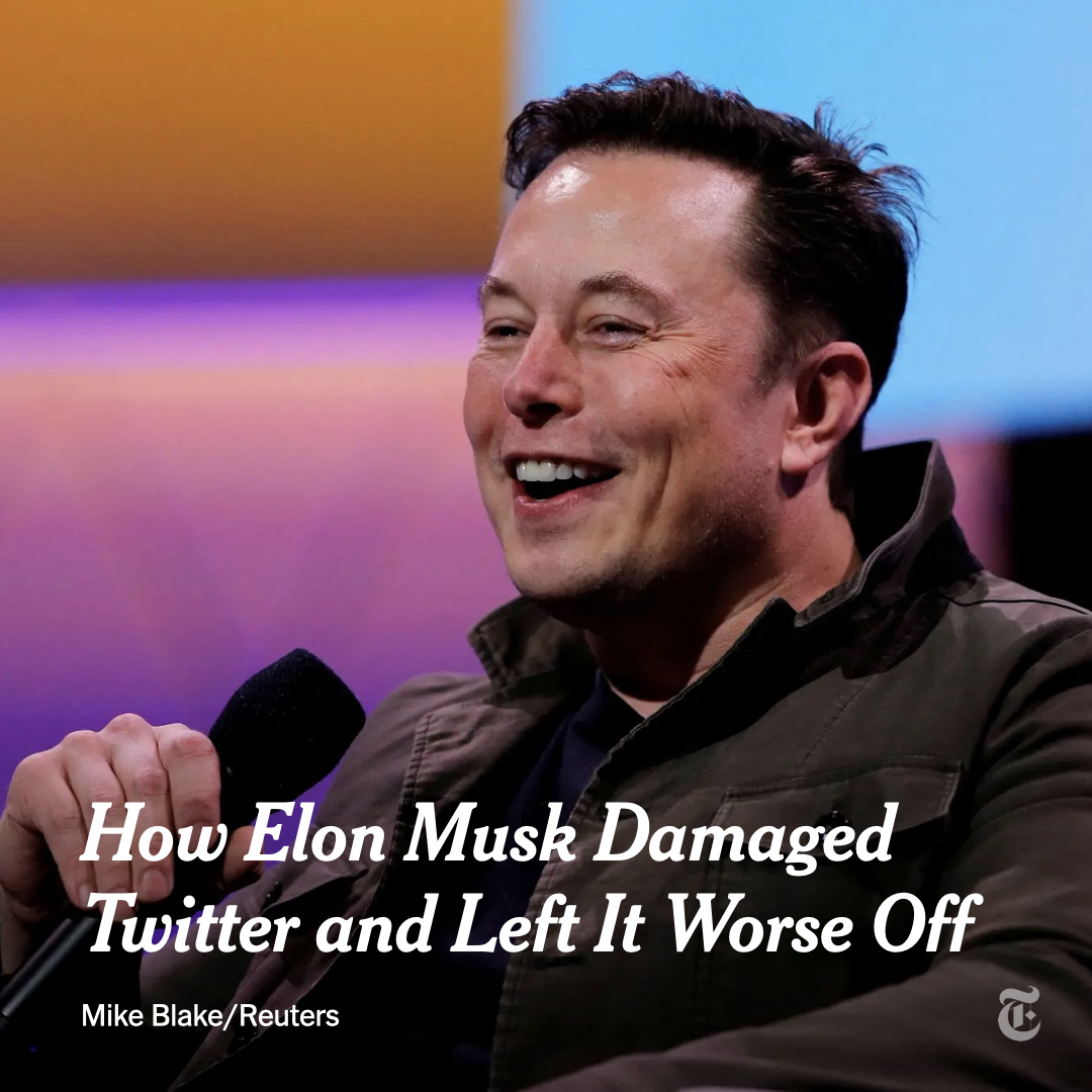 nytimes's tweet photo. Elon Musk has eroded trust in Twitter, walloped employee morale, spooked potential advertisers, emphasized its financial difficulties and spread misinformation about how the company operates. https://t.co/UUa2GiiTZH https://t.co/6PdTv0I1PW