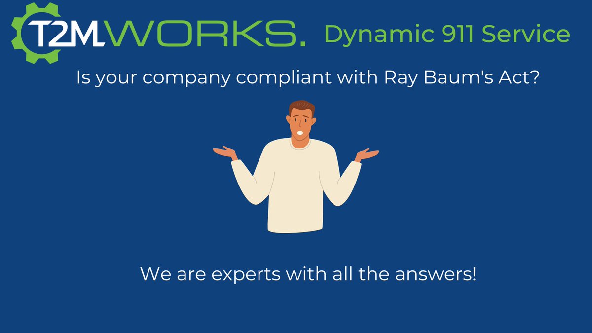 T2MWorks's tweet photo. Is your company is compliant with Ray Baum's Act?

Can end users direct dial 911 without the need to dial an access code first? If the answer is no, we've got the expertise to ensure you are compliant.
https://t.co/7tUUf4Dwuh

#dynamic911 #e911 #raybaumsact https://t.co/Gur1YFcUcJ