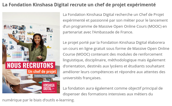 #Jobs #Alerts La Fondation #Kinshasa Digital recherche un Chef de #Projet expérimenté et passionné par son métier pour le lancement d’un programme de Massive Open Online Cours (#MOOC) en partenariat avec l’Ambassade de #France.
📍afriworkers.net/content/perma?…
#afriworkers #Opportunites