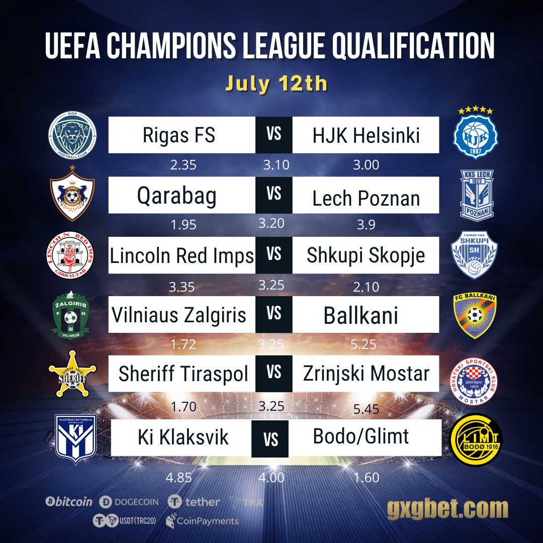 EFA Champions League Qualification
Today Matches 
Our sports betting bonuses are waiting for you:
Bonus 100% on your first deposit 🔥
20% Welcome bonus  💸🎁

Follow the link below and place your bets!⚡️👇
 
gxgbet.com