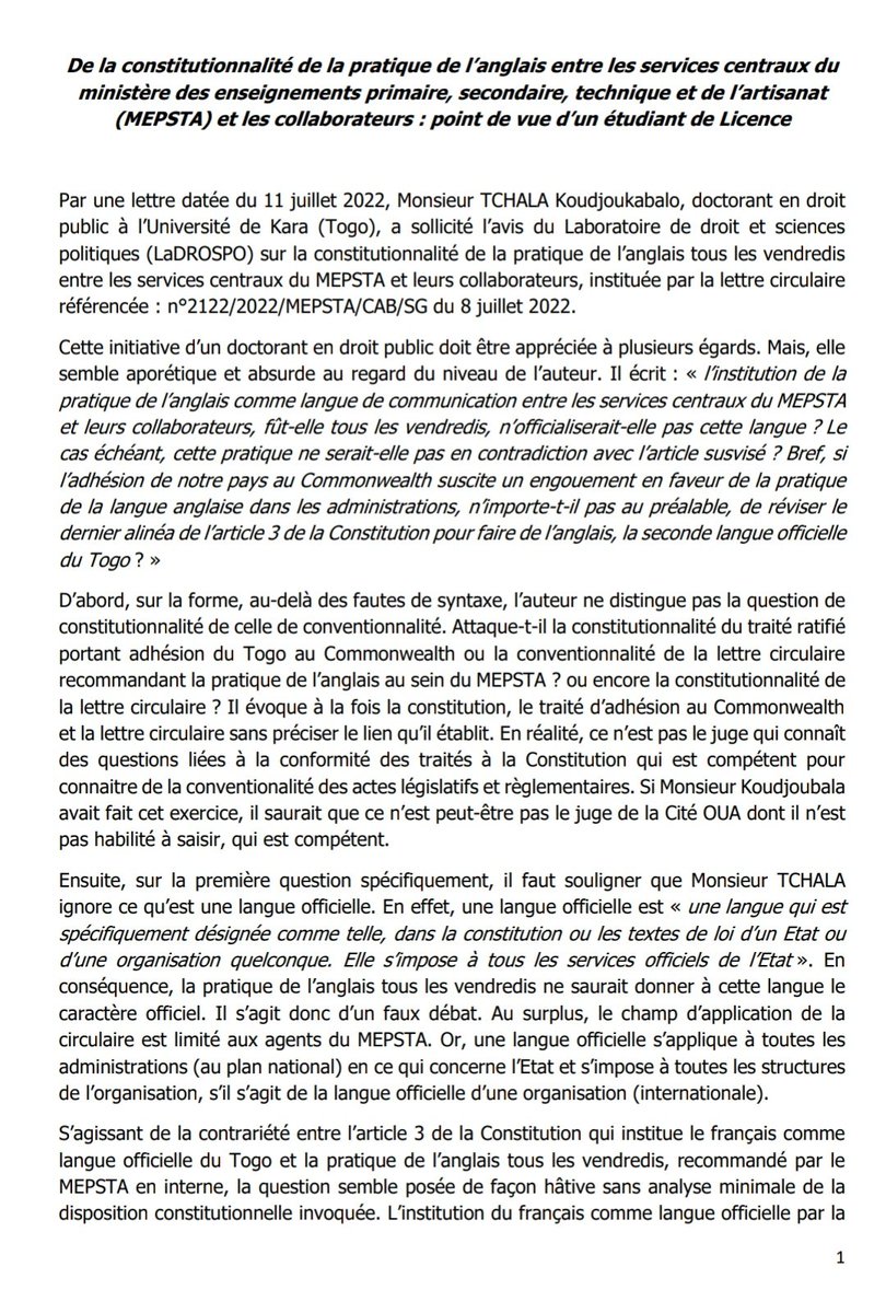 anthelmeKassawa's tweet photo. #Togo.Constitutionnalité de la pratique de l'anglais au #MEPSTA: initiative taxée d' "aporétique et absurde" par Vovor Djossou,étudiant en Droit à @UniveLomeTg.
Avec @KaraUniversite
#TgTwittos https://t.co/VnJPzIYY0r