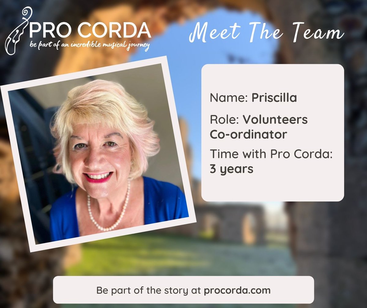 We are in the midst of introducing you to the wonderful people who make Pro Corda the magical institution that it is. Click procorda.com/news to read more. Next up the person who coordinates all our fantastic Volunteers - the people who make it all possible! Meet Priscilla.