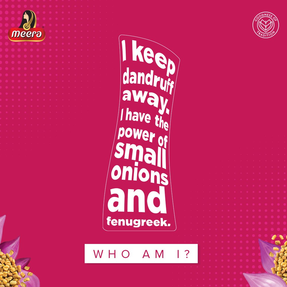 WorldOfMeera's tweet photo. Hint:
Small onions control the itchiness of the scalp.
Fenugreek strengthens the hair.
Guess the product and reply with your answers below!
#WorldOfMeera #GoodnessOfTradition #MeeraHair #DandruffProblems #DandruffFreeHair #ShinyHair #StrongHair #LongHair https://t.co/ep1ZkIRowT