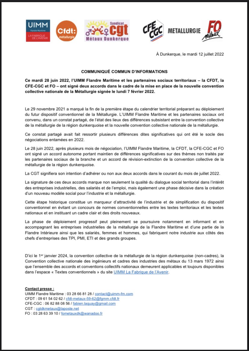 🚨ℹ️
#Entreprises industrielles de la #Métallurgie Flandre Maritime et Flandre Intérieure, 2 accords ont été signés le 28.06.22 avec CFDT, CFE-CGC et FO.
CCN Métallurgie : un nouvel élan pour l’#industrie !
#FabriqueAvenir #IndustrielsEngagés
#dialoguesocial