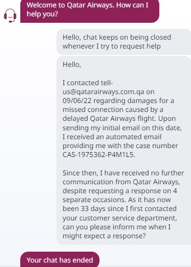 Geo_RussS's tweet photo. Awful customer service @qatarairways

Delayed for 24 hours? You are allowed 350 ml of water, 500 ml is forbidden

Contact customer service? 33 days, 5 emails, no response

Use live chat? Get cut off 4 times - the agent doesn't want to talk to you

Never flying with them again https://t.co/T1sdPxCAHL