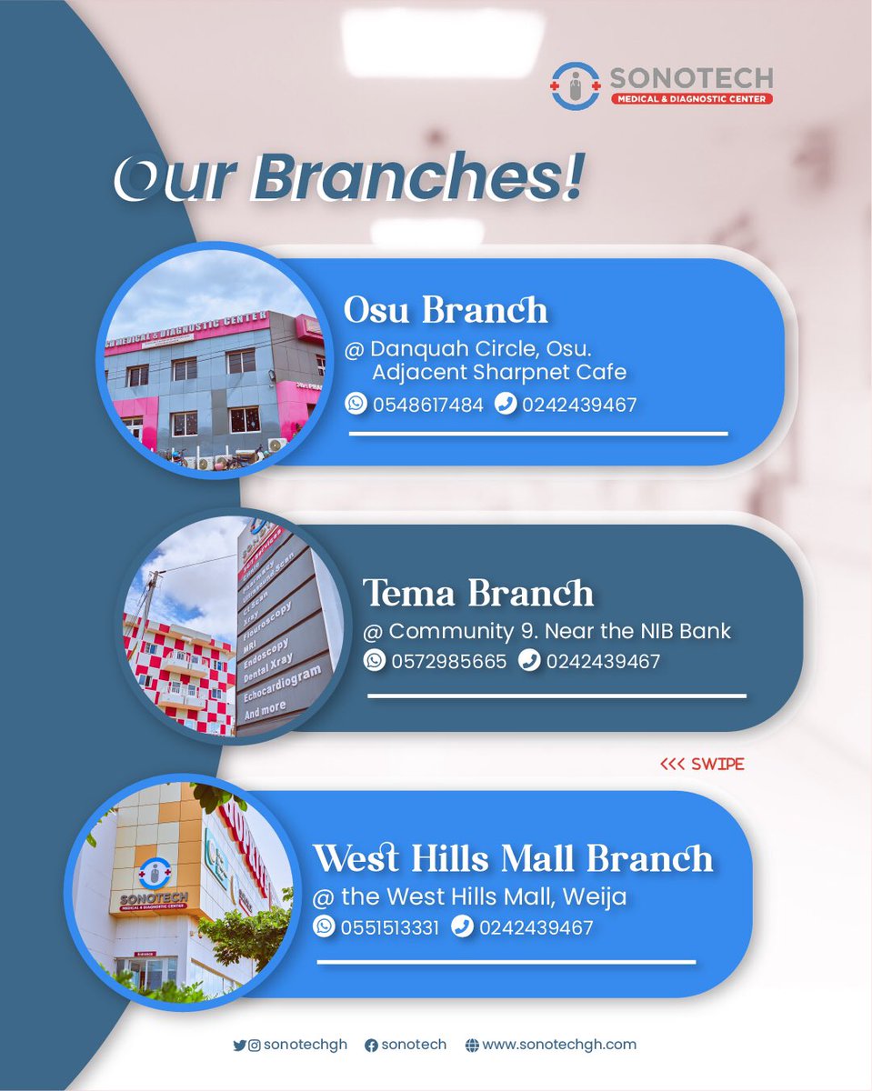 Sonotechgh's tweet photo. What branch is closer to you? 

Visit now for top quality service 🔝

Call our hotline 0242439467.

Sonotech, Your Total Healthcare Partner for Life.

#sonotech
#sonotechmedicalcenter
#healthcare #healthservices https://t.co/AXqOEE2jfO