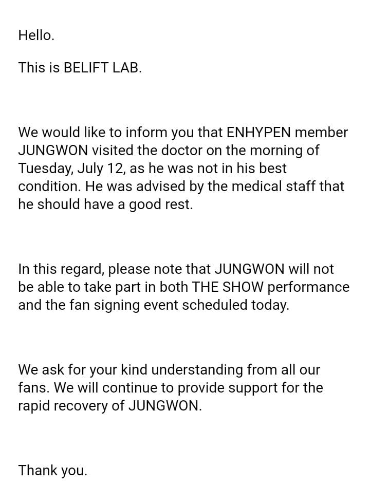 en_connectt's tweet photo. Hola.

Esto es BELIFT LAB.

Nos gustaría informarles que el miembro de ENHYPEN JUNGWON visitó al médico en la mañana del martes 12 de julio, ya que no se encontraba en su mejor estado. El personal médico le aconsejó que descansara bien. https://t.co/Qlx8PhgyGL