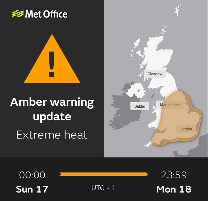 The National Severe Weather Warning for extreme heat has been updated. The area covered is east Wales and most of England, apart from the far southwest and north. The new validity time is midnight on Sunday until 23:59 on Monday.