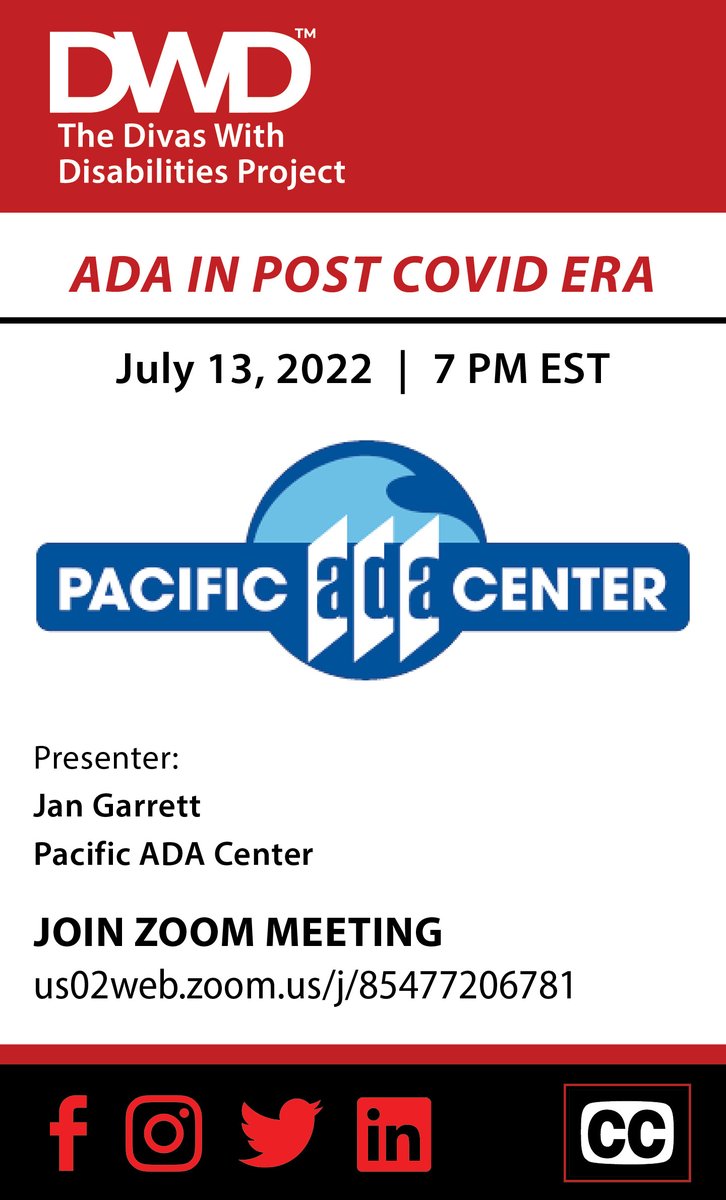 DWD_Project's tweet photo. Join us tomorrow July 13, 2022, at 7 PM EST as we talk #ADA in the post-covid era.
Join Zoom Meeting https://t.co/jce8ApUtel
#DivasWithDisabilities
#PacificADACentre
#DivasAndADATalk
#Disability https://t.co/eImeC9mAZV