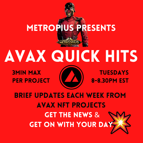 metropius's tweet photo. Set your reminders for AVAX QUICK HITS
Back this week with all the alpha from
@vrumbleapp @AsgardGameFi @BountyBaddies 
@metropius and more to be announced.

https://t.co/dt3BLHdThO https://t.co/EJ7Fr8VS3h
