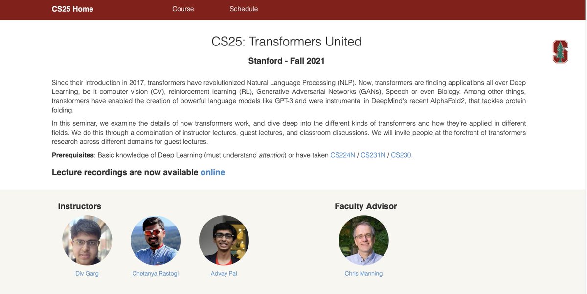 Jeande_d's tweet image. A fresh new class of Transformers and their applications in NLP, CV, RL, and GANs from Stanford 🔥🔥
It's wild to see new classes that are exclusively for Transformers.
2 videos already and more videos coming up daily this week.
CS25 website: web.stanford.edu/class/cs25/ind…