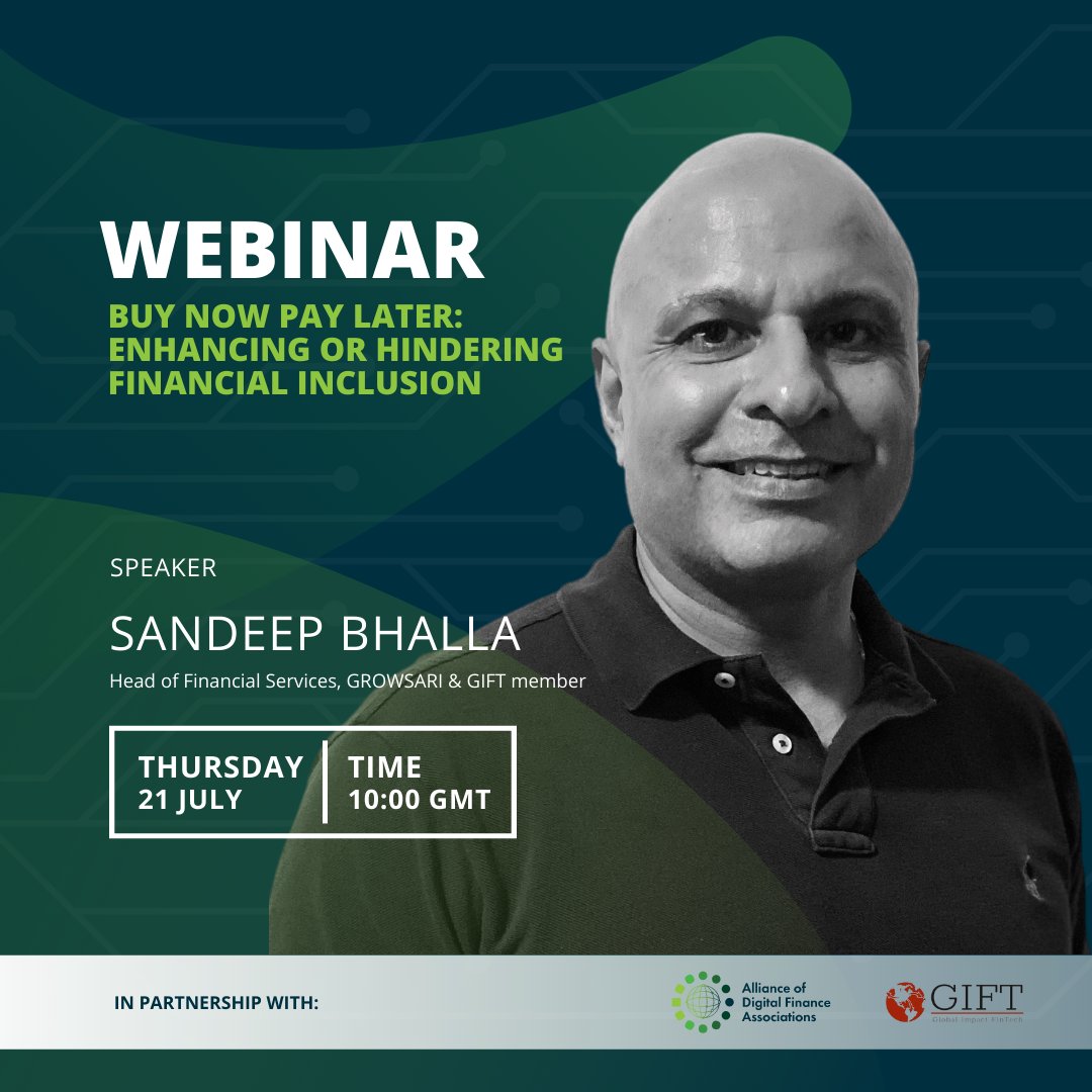 Join us 📅 21 July 2022 | 10:00 GMT

We are excited to announce that Sandeep Bhalla will be speaking at our upcoming webinar: Buy Now Pay Later (BNPL) in partnership with Global Impact FinTech (GIFT) Forum.
Seats are limited, sign up here: lnkd.in/dz5WbfvZ
#webinar #BNPL