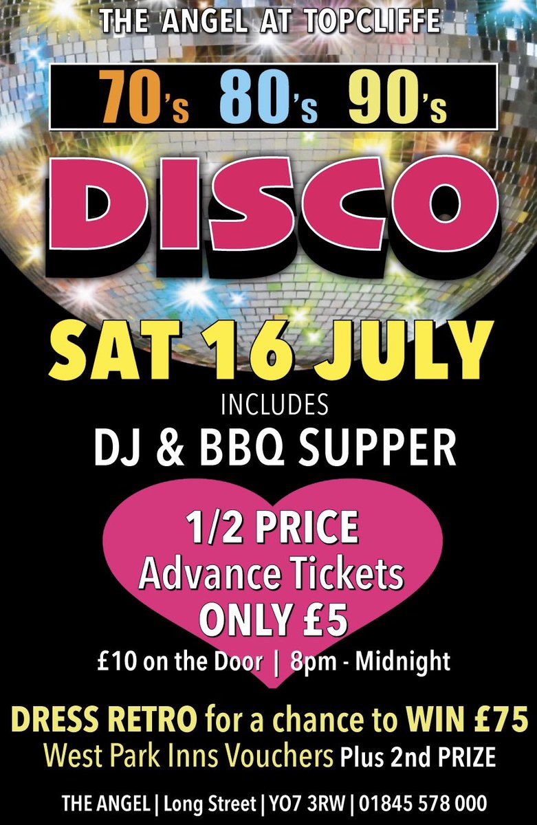 ‼️ £75 West Park Inns Vouchers To Be Won ‼️

‼️ Girls dust off your rara skirts, leg warmers and psychedelic eye/hair colourings….Boys get your perm, moustaches, chest hair and medallions ready ‼️
 
➡️ Further information can be found at theangelattopcliffe.co.uk/events-in-nort… ⬅️