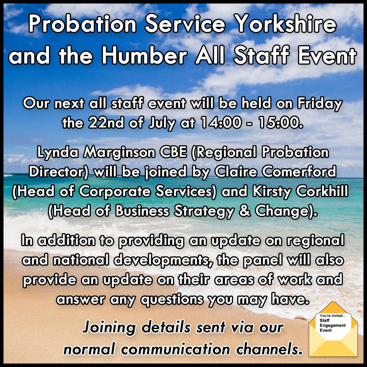 Our next all staff event will be on Friday 22nd of July at 14:00. <a href="/LyndaMarginson/">Lynda Marginson</a> will be joined by @Claire_PSYatH (Head of Corporate Services) &amp; Kirsty Corkhill (PS YatH Head of Business Strategy &amp; Change). Together they will provide an update &amp; answer questions. #Engagement
