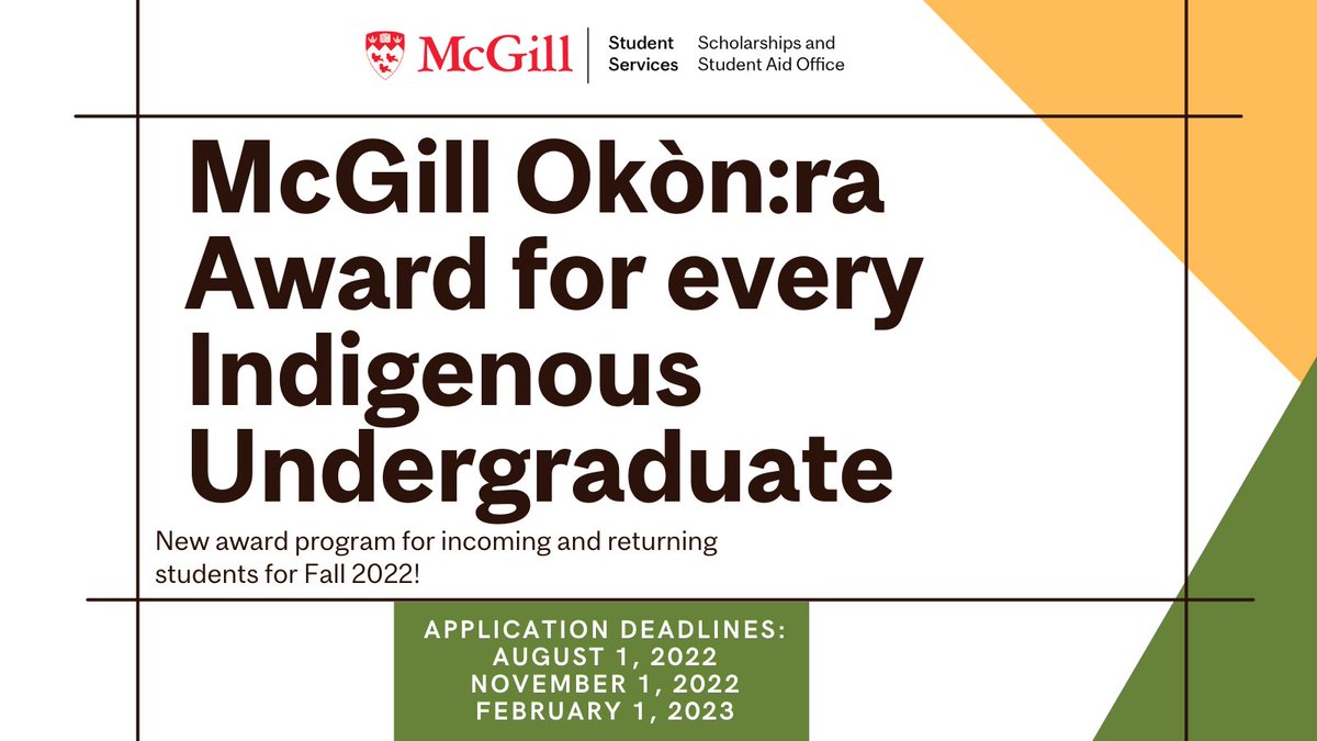 McGillAid's tweet photo. Indigenous Students: Check out the new McGill Okòn:ra Award, $5K given annually to every Indigenous undergraduate student who applies!  @mcgillu. The first deadline @Indspire is August 1. Check out our website for more info! #McGill #Students @FPHMcGill 
https://t.co/z3Q4EW7mhv https://t.co/5LoqASGsup