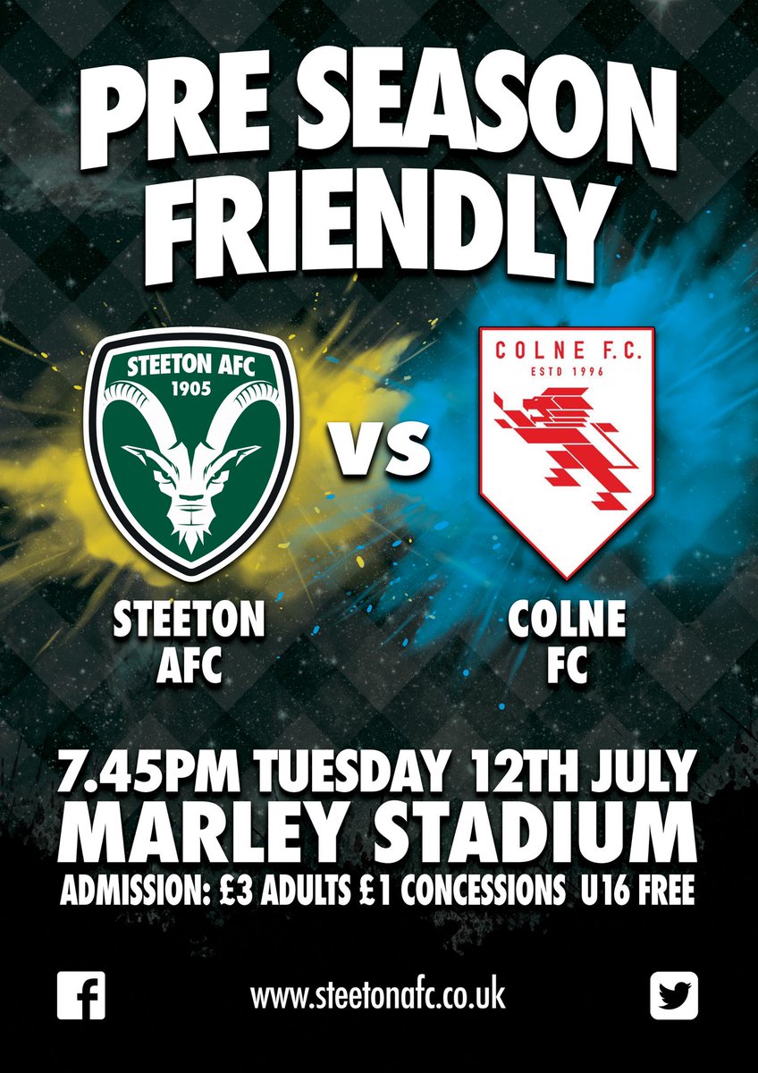 ⚽️ IT'S MATCHDAY!

🆚️ <a href="/Colne_FC/">Colne F.C.</a>
🗓 12/07/2022
🏆 Pre-Season Friendly
🏟 Marley Stadium
🚩 BD21 4DB 
⏰️ 7:45pm
💷 £3 Adults, £1 Concessions, FREE for Under-16s 

#chevrons