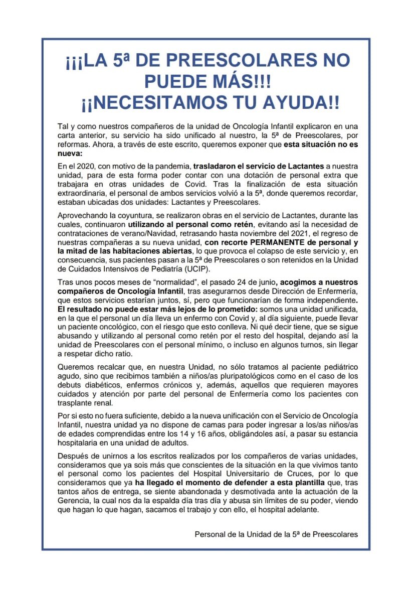 🔥Osakidetza aplica la FLEXIBILIDAD que el Gobierno Vasco defiende.

En Cruces el personal es usado de retén para cubrir ausencias (programadas o no).

Ya lo denunciamos con Oncología Infantil. Ahora las compañeras de 

#PREESCOLARES...

OSAKIDETZA NECESITA UN CAMBIO DE RUMBO ❗️
