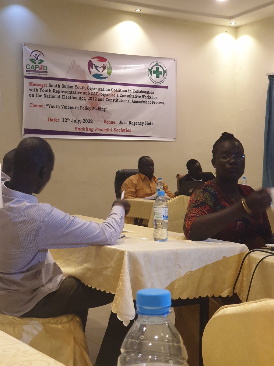 HumanitycareSSD's tweet photo. Today, Humanity Care South Sudan joins and participate in Consultative Workshop on the National Election Act, 2012 and Constitutional Amendment Process organizes by South Sudan Youth Organization Coalition in collaboration with Youth Representative at NCAc.

#HCSS🇸🇸
#RegencyHotel https://t.co/rs0YD2jNzw