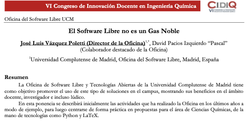 oteaucm's tweet photo. ¡El #SoftwareLibre no es un gas noble!
Es lo que explicarán hoy nuestros @jlvazpol y @Semi_ingenieros a los asistentes del VI Congreso de #InnovaciónDocente en #IngenieriaQuímica (#CIDIQ)
¡Y lo harán con muchos ejemplos prácticos!
👉https://t.co/xaGZFZGDEV
@RSEQUIMICA https://t.co/58eSNzMJyF