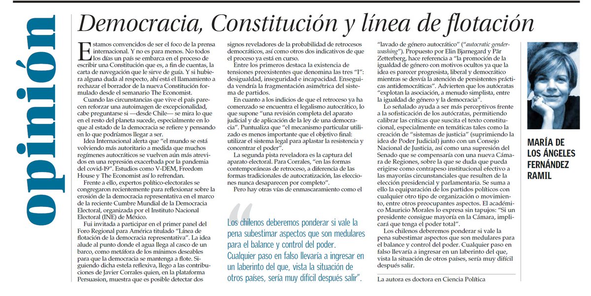 ✍️ Escribí "Democracia, Constitución y línea de flotación" en @ElMercurio_cl para alertar cómo el déficit de democracia de balance de poderes y de control que se percibe en el texto constitucional que se plebiscitara se enmarca en tendencia global de autocratizacion en el 🌏."