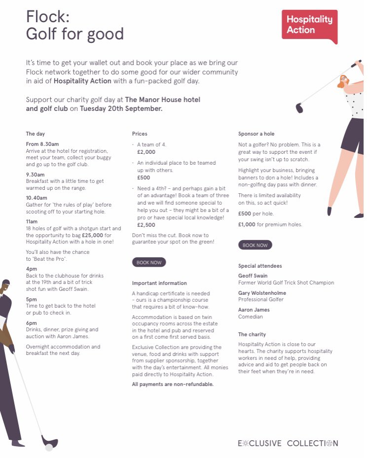 To my golfing connections, please take a look to see if you can attend or support this fab event on the 20th September. Going to be a fun day! ⛳️⛳️⛳️ Sign up here: ⬇️✅

hospitalityaction.org.uk/events/2022/se…

<a href="/Exclusive_Hotel/">Exclusive Collection</a> 
<a href="/HospAction/">Hospitality Action</a> <a href="/Sam_Regan_/">Samantha Regan</a> 

#event #golf #connections #hospitality