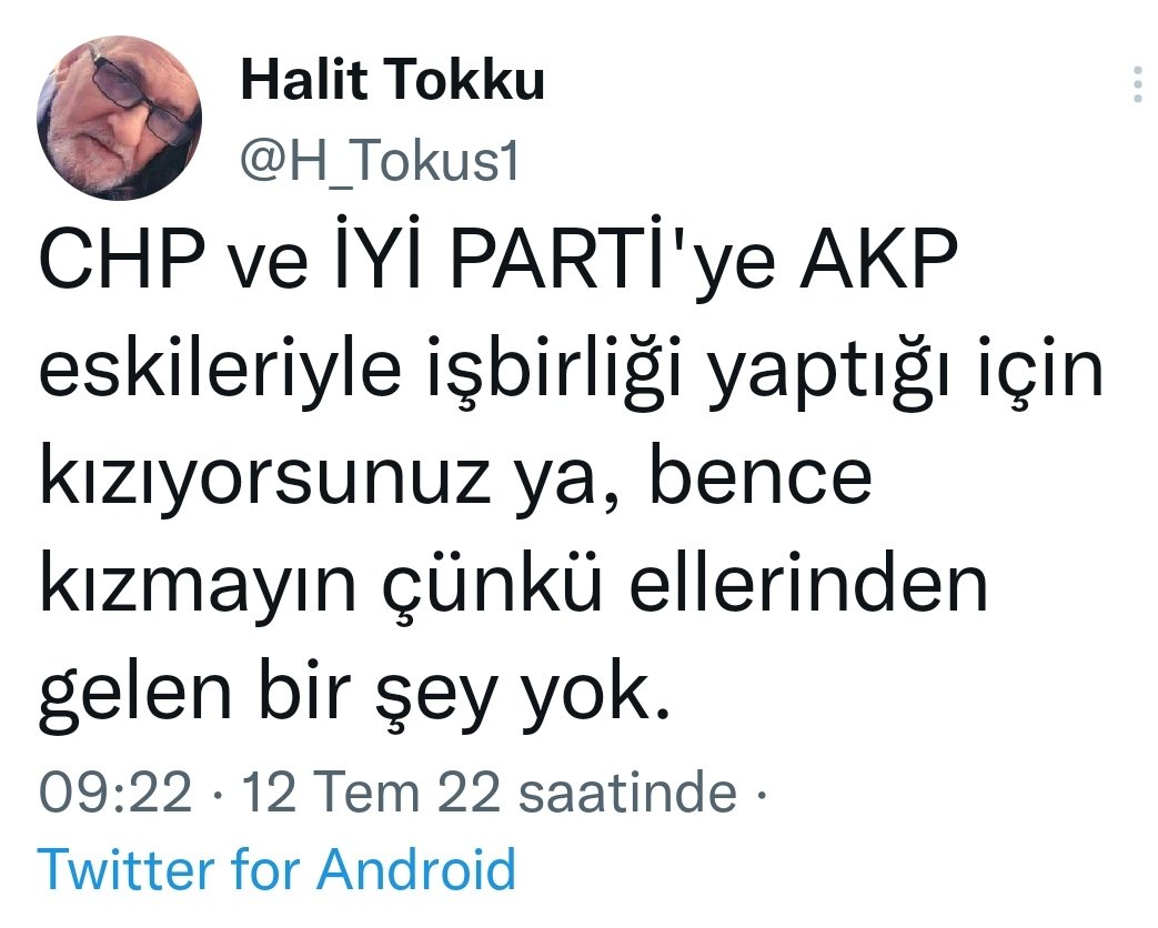 @H_Tokus1 Ümit Özdağ oy çalıyor, bak sen? Millet olarak ittifaka mecburuz ve biat etmek zorundayız öyle mi? Beyefendi siyasetin iradesi olur ideolojisi olur bu millet önüne konanı yemek zorundaymış gibi saçma sapan yazıp duruyorsunuz, ne münasebet!