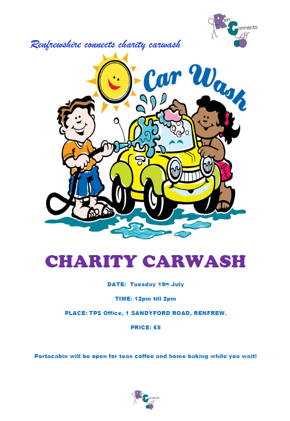 Renfrewshire Connects are holding a Charity Carwash next week. 

Please come along - there will be tea, coffee and home baking while you wait. 

📅 Tuesday 19th July
⏰ 12pm - 2pm
📍 TPS Office, 1 Sandyford Road, Renfrew