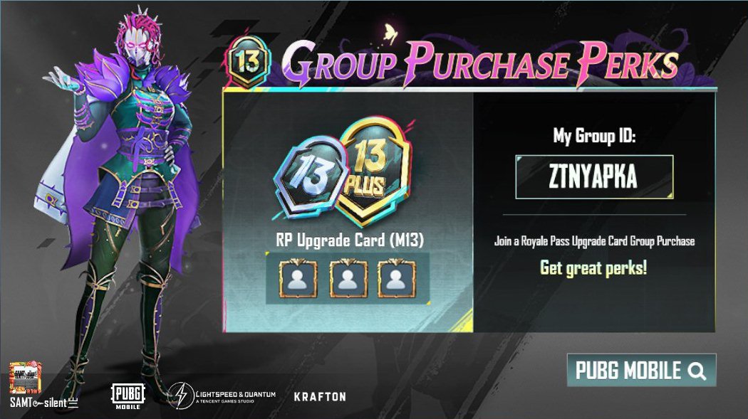 Join a Royale Pass Upgrade Card Group Purchase
and get great perks. share.pbgcj.com/h5campaign.php…