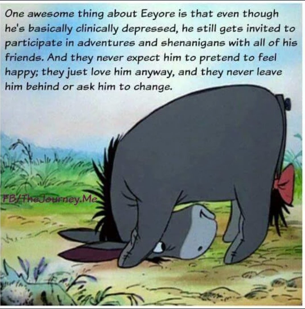 Not all kids are as lucky as Eeyore to have friends like Winnie The Pooh, who was friends with everyone and never ever left anyone out just because they weren't like him. 
#Befriend #MakeAFriend #inclusionmatters #BelikeWinnieThePooh