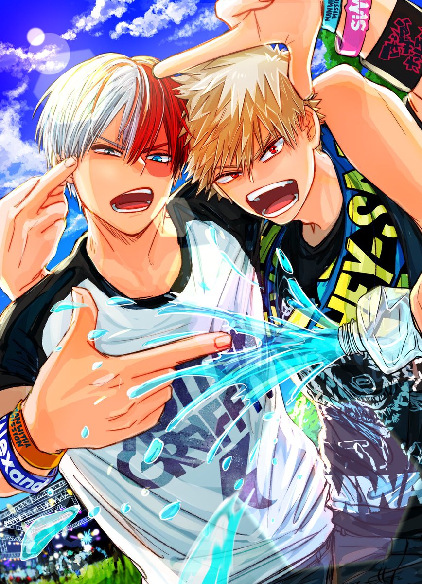 bakugou katsuki ,todoroki shouto multiple boys male focus 2boys red hair open mouth blonde hair red eyes  illustration images