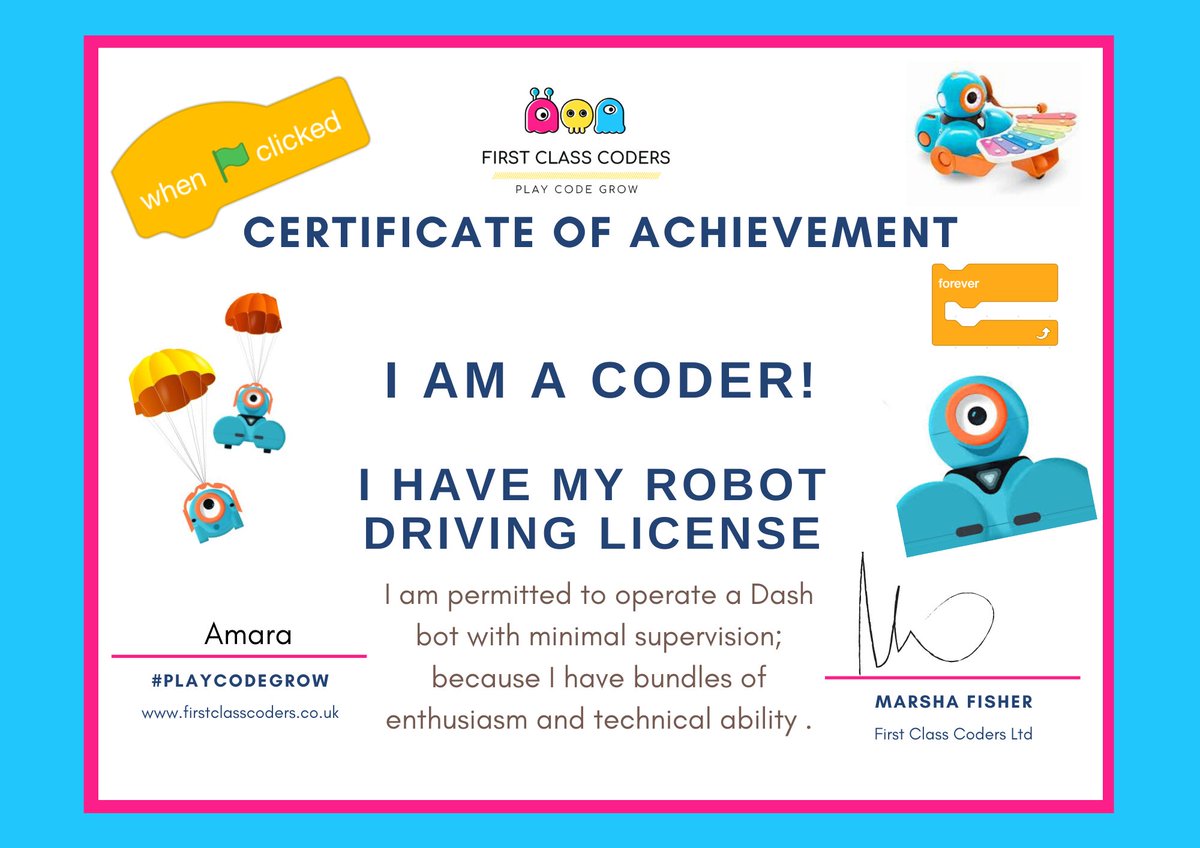 1stClass_Coders's tweet photo. Celebrating the achievements of our @1stClass_Coders  

https://t.co/HUMWWTG25z

@WonderWorkshop #PlayCodeGrow #Robotics #DashBot #Merton #Morden #Mitcham #PollardsHill #Sutton #CodingForKids #DrivingLicense #Coding #Code https://t.co/i4xDcY6RZB