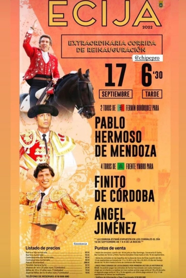 <a href="/JSFino/">Juan Serrano Fino</a> <a href="/PrensaJSFino/">Comunicación Finito de Córdoba</a> anunciado en la corrida de reinaguración de la plaza de toros de Écija. Le acompañará @pablohermosonet y <a href="/angeljimenez13/">EL ASTIGITANO</a>