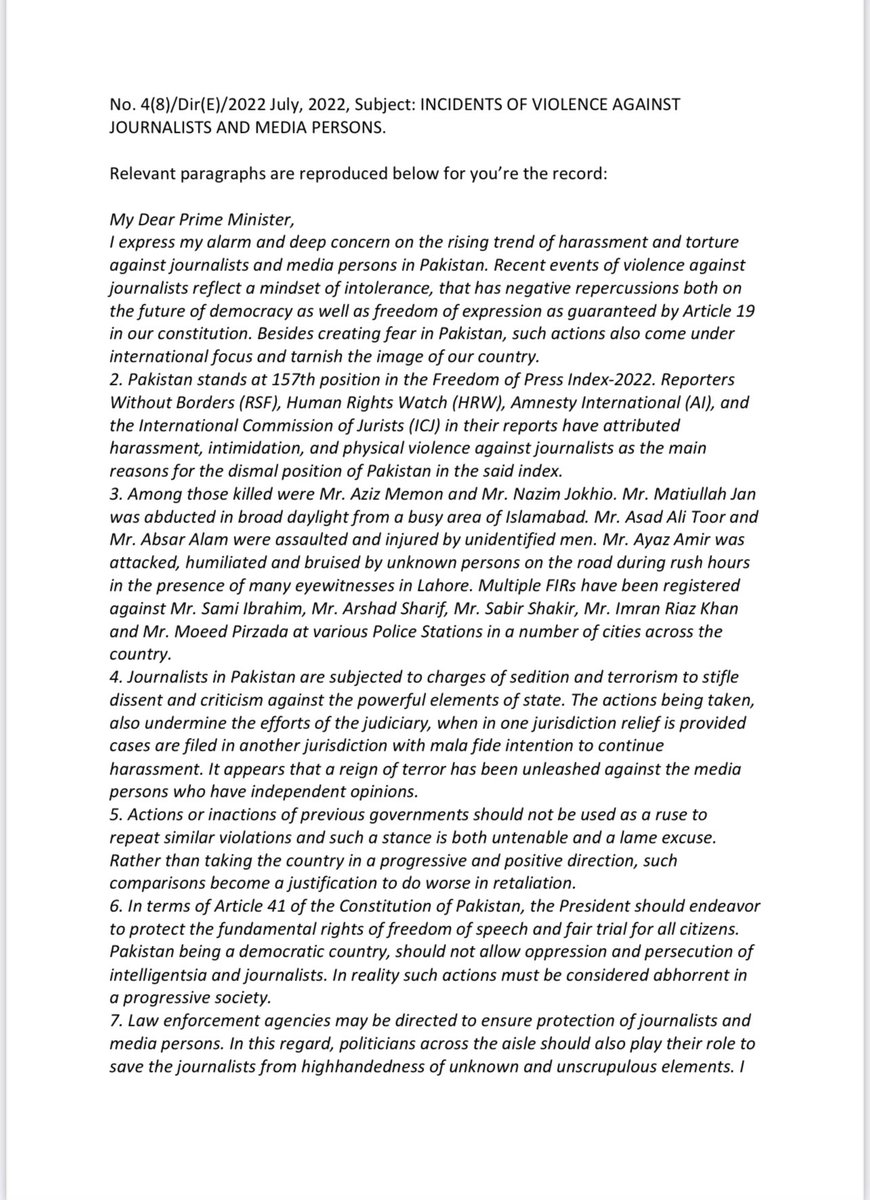 Letter to <a href="/ArifAlvi/">Dr. Arif Alvi</a> <a href="/PresOfPakistan/">The President of Pakistan</a> to ensure protection of fundamental rights and protection to journalists in view of grave threat to life and liberty of journalists. <a href="/RanaSanaullahPK/">Rana Sana Ullah Khan</a>