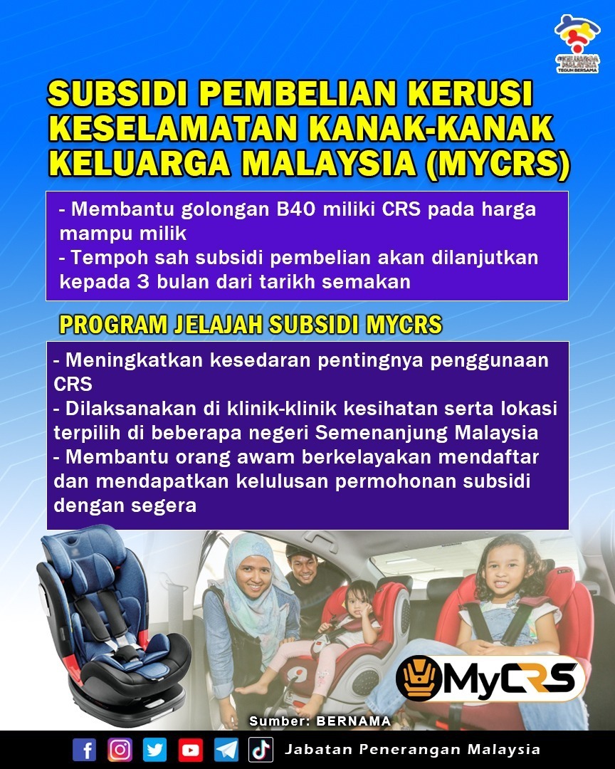 JPenerangan's tweet photo. Kerusi Keselamatan Kanak-kanak (CRS) berupaya meningkatkan keselamatan dan perlu dipandang serius untuk digunakan terutamanya ketika musim perayaan yang risiko berlakunya kemalangan adalah lebih tinggi berbanding hari-hari biasa.

#CRS
#KeluargaMalaysia
#JabatanPenerangan https://t.co/D5DO1iuuIj